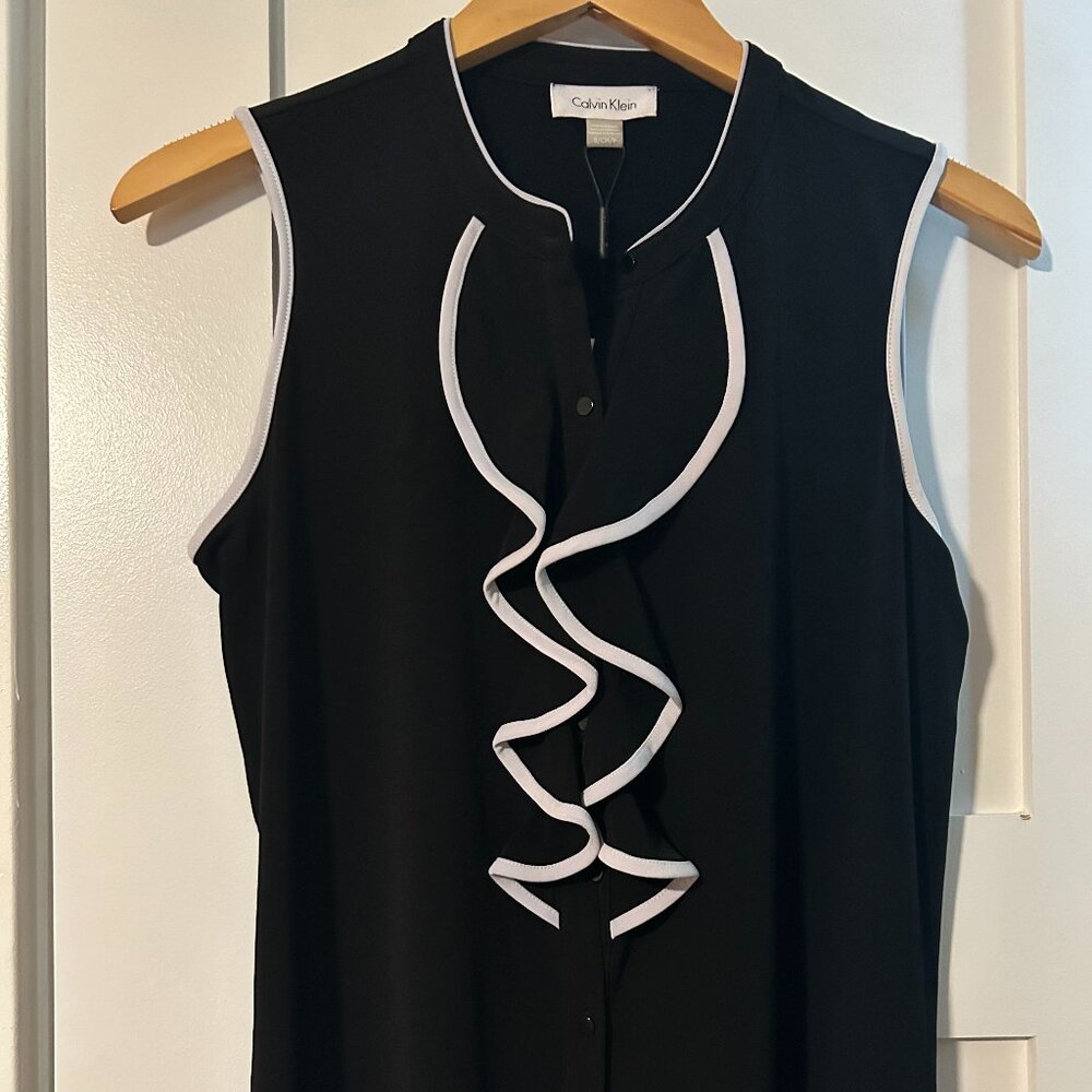 SUMMER SALE! Calvin Klein black sleeveless blouse with white piping - (NWT)